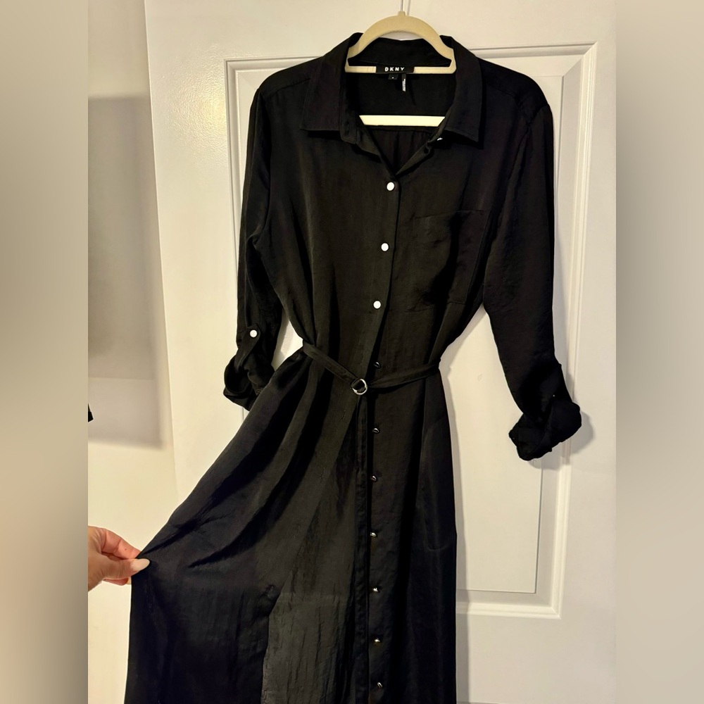 DKNY Black Sheer Maxi Button Front Belted Shirt Dress